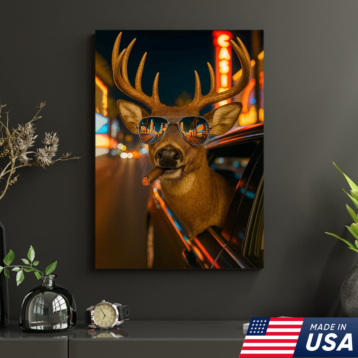 Cool Deer Canvas Wall Art - Funny Rustic Lodge Decor with Sunglasses and Night City Vibes