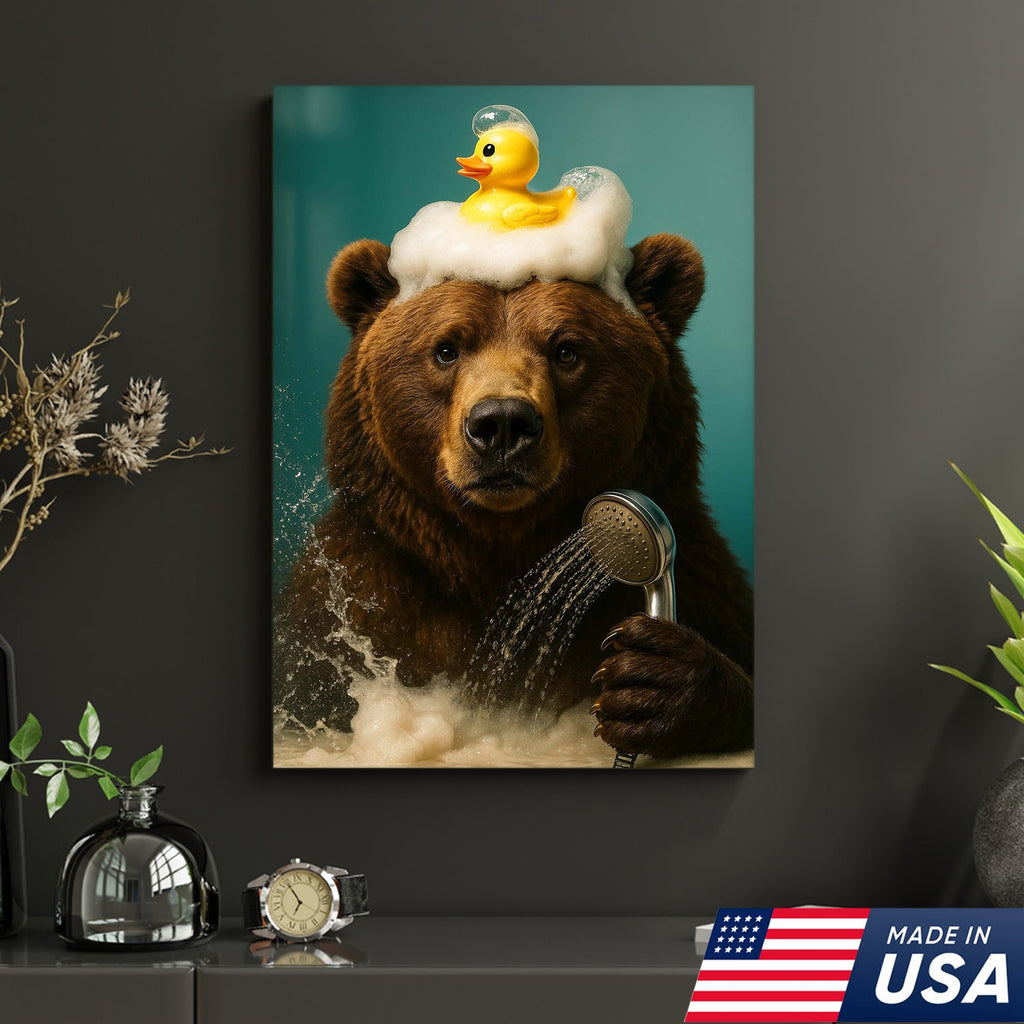 Funny Bear Bathroom Wall Art Canvas – Cute Bear Bubble Bath with Rubber Duck