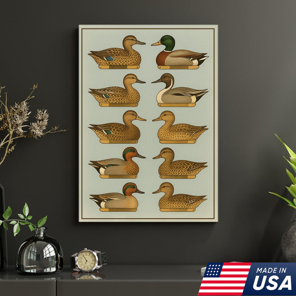 Duck Species Identification Canvas Wall Art – Rustic Hunting Lodge Decor for Hunters & Bird Lovers