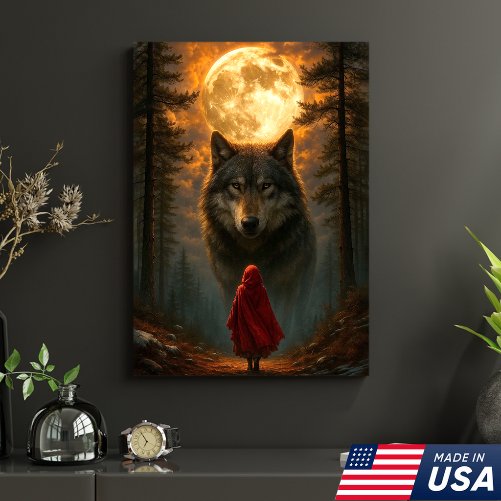 Wolf and Little Red Riding Hood Canvas Wall Art – Fantasy Moonlit Forest Scene