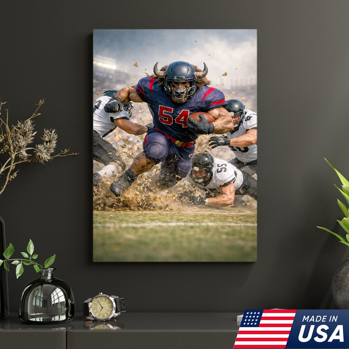 Bull Football Player Canvas Wall Art – Powerful Stadium Action Sports Print