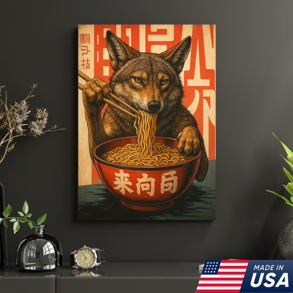 Funny Wolf Coyote Eating Ramen Canvas Wall Art, Quirky Animal Kitchen Decor