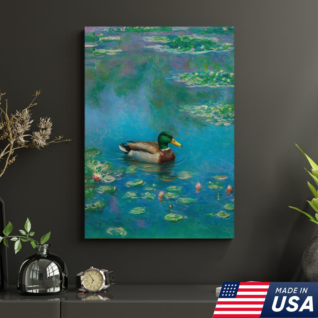 Serene Duck Pond Canvas Wall Art – Tranquil Mallard Painting – Rustic Cabin and Lodge Decor