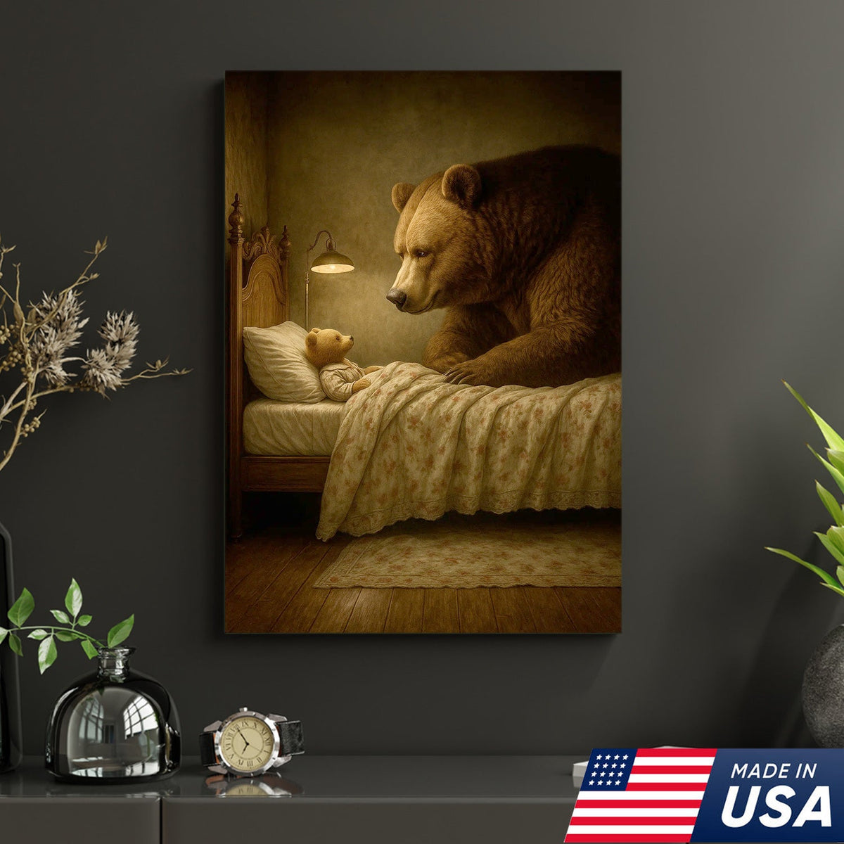 Mother Bear and Cub Canvas Wall Art, Whimsical Bedtime Wildlife Artwork