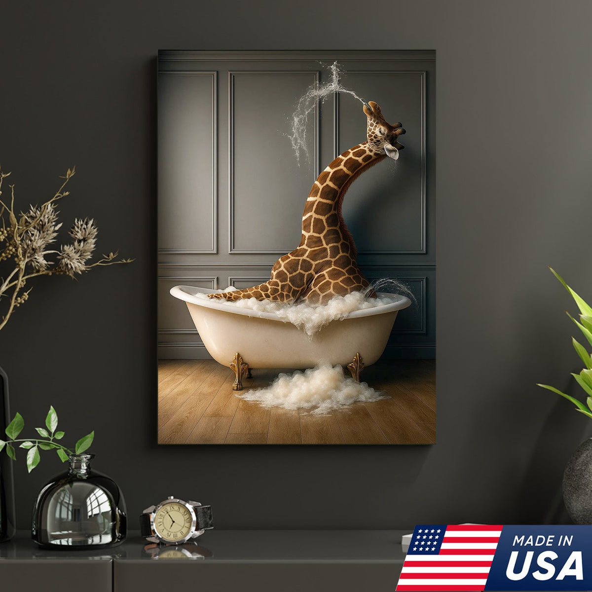 Funny Giraffe Bubble Bath Wall Art Canvas, Animals in Bathtub Kids Bathroom Decor