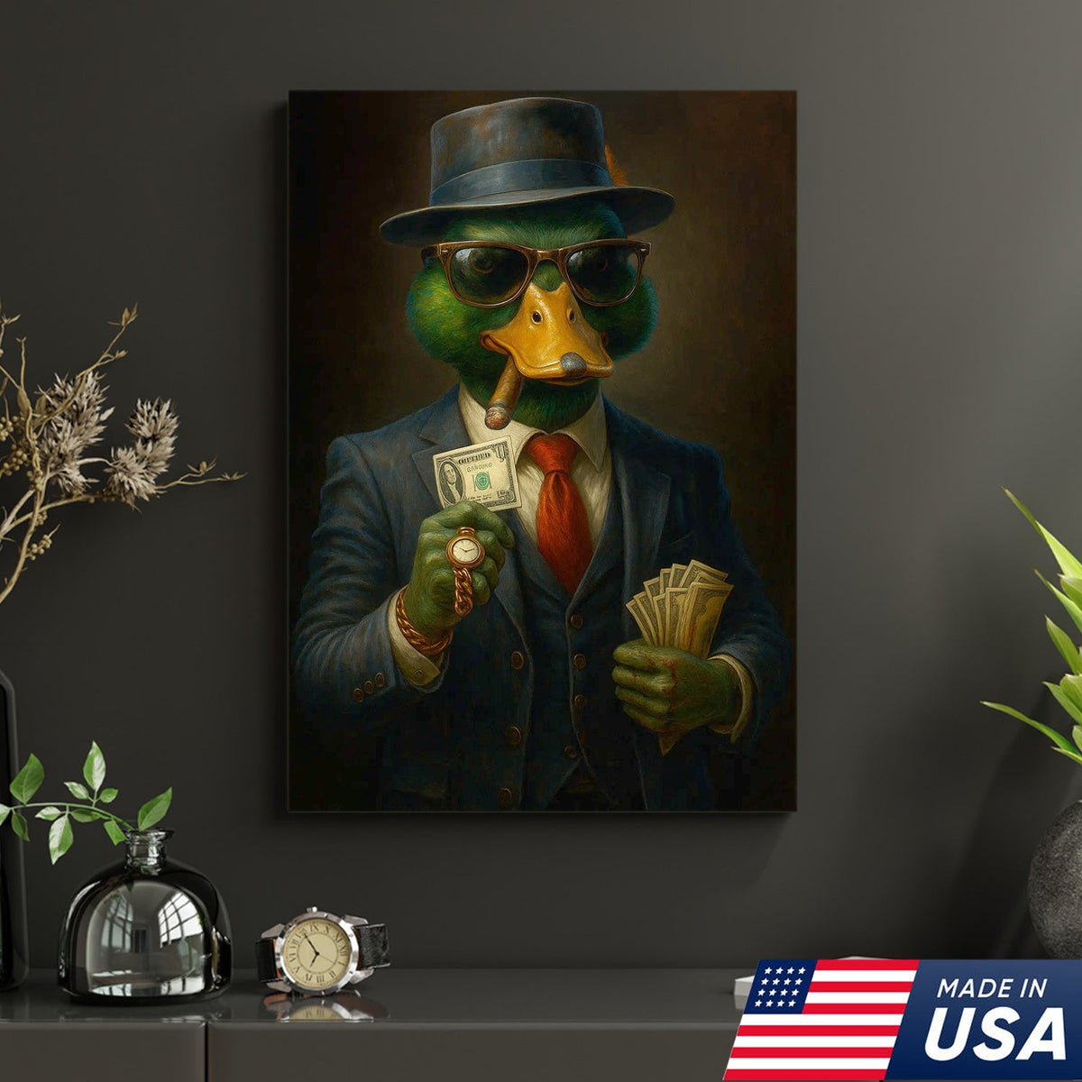Gangster Duck Money Canvas Wall Art, Rich Boss Duck in Suit Holding Cash