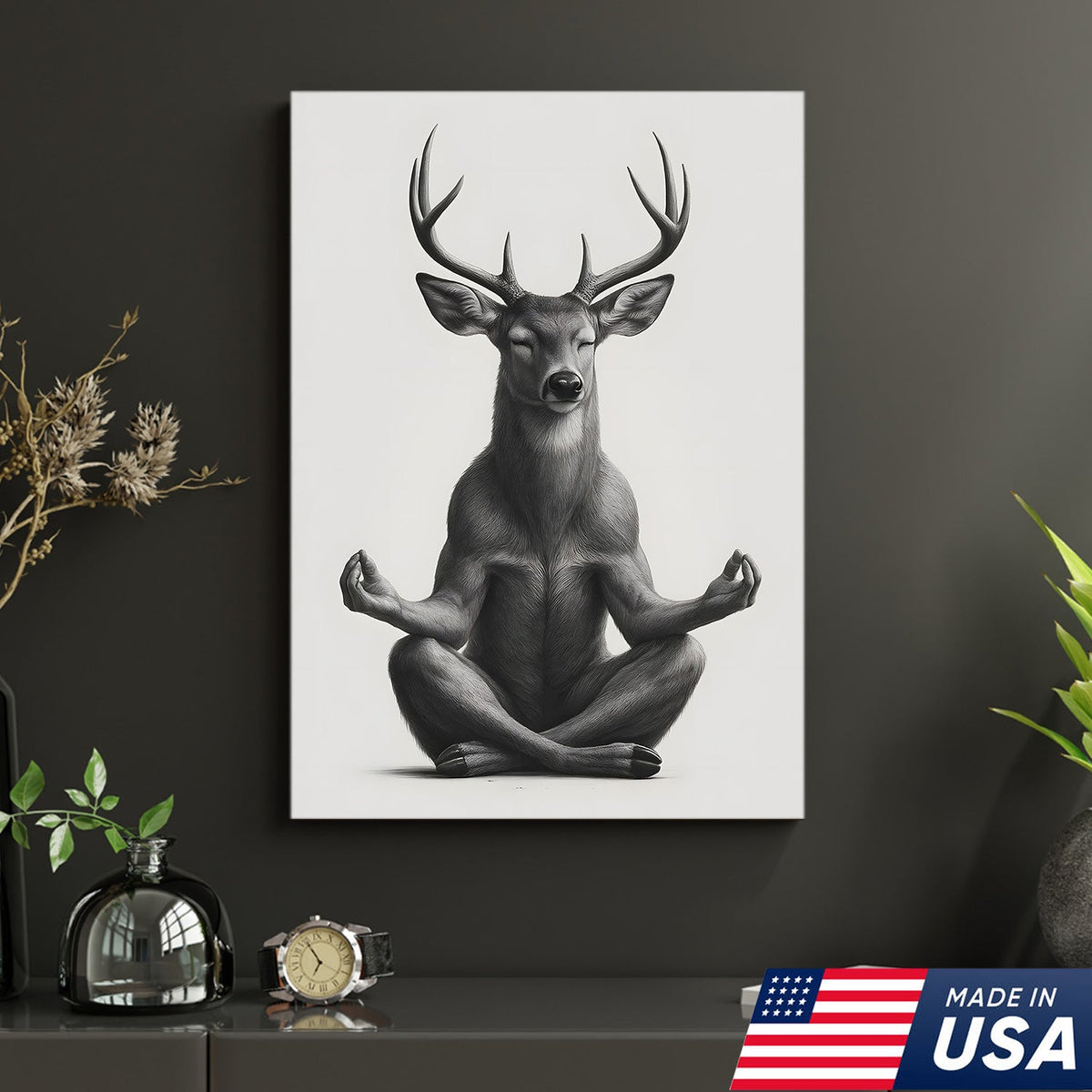 Yoga Deer Canvas Wall Art, Meditating Buck Minimalist Black and White Print, Peaceful Wildlife Zen Decor
