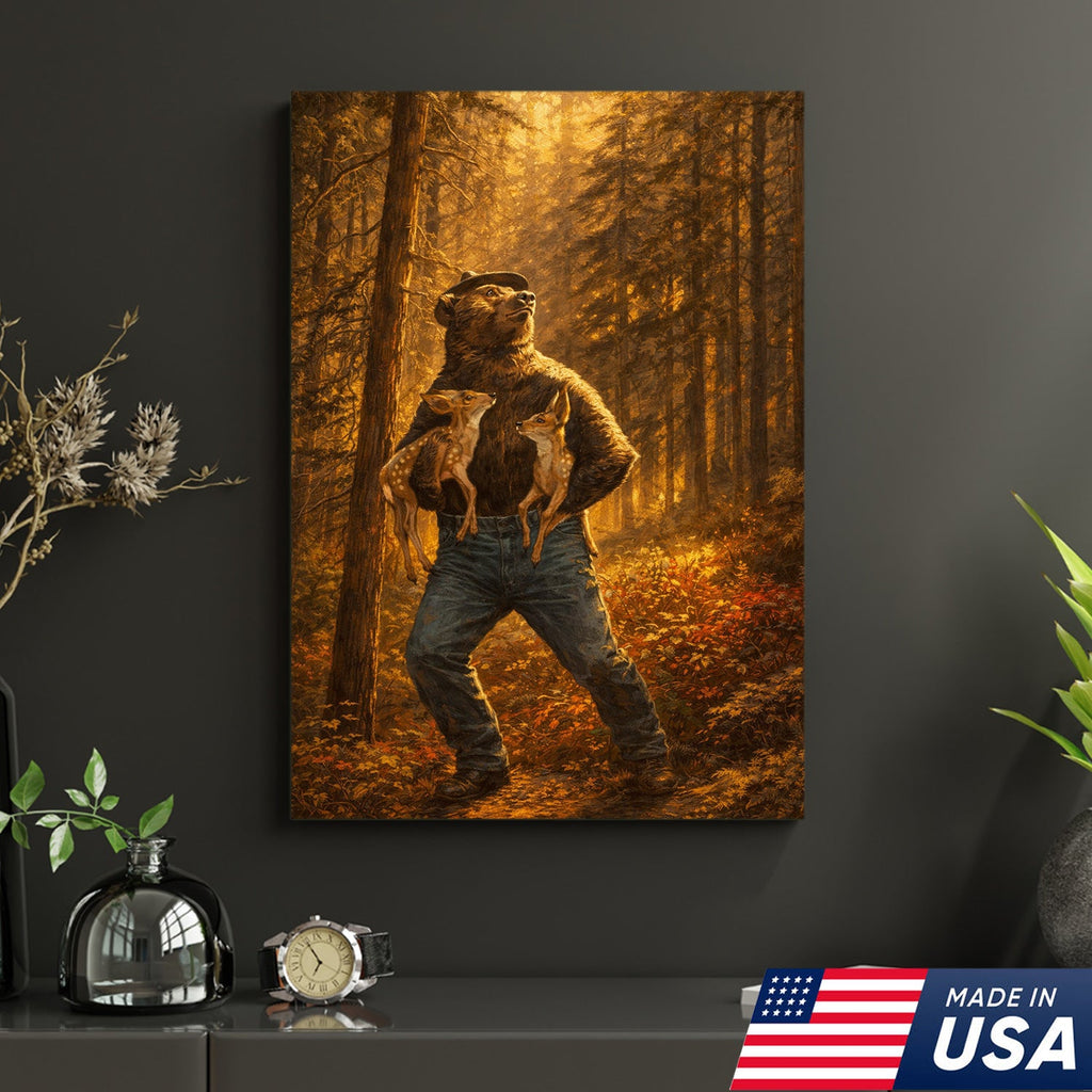 Protector of the Wild Canvas Wall Art – Bear Holding Fawns Forest Scene Print