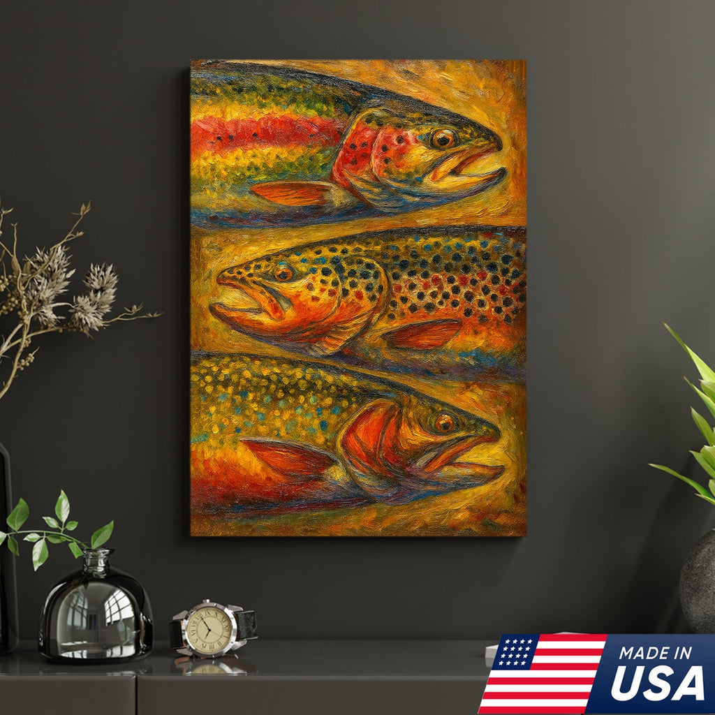 Trout Oil Painting Canvas Wall Art – Rustic Fishing Lodge Decor Gift for Anglers & Nature Lovers