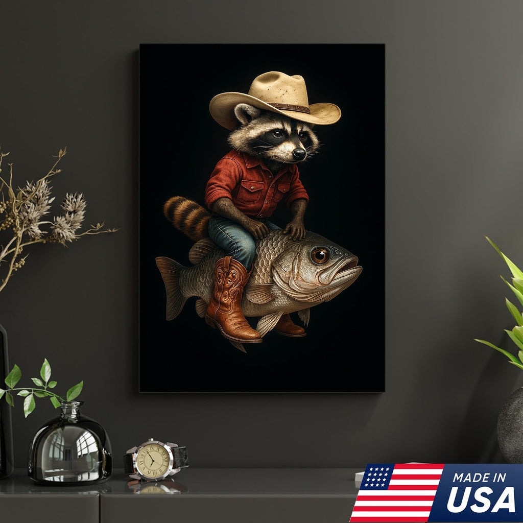 Cowboy Raccoon Riding Fish Canvas – Surreal Western Wall Art for Man Cave Decor