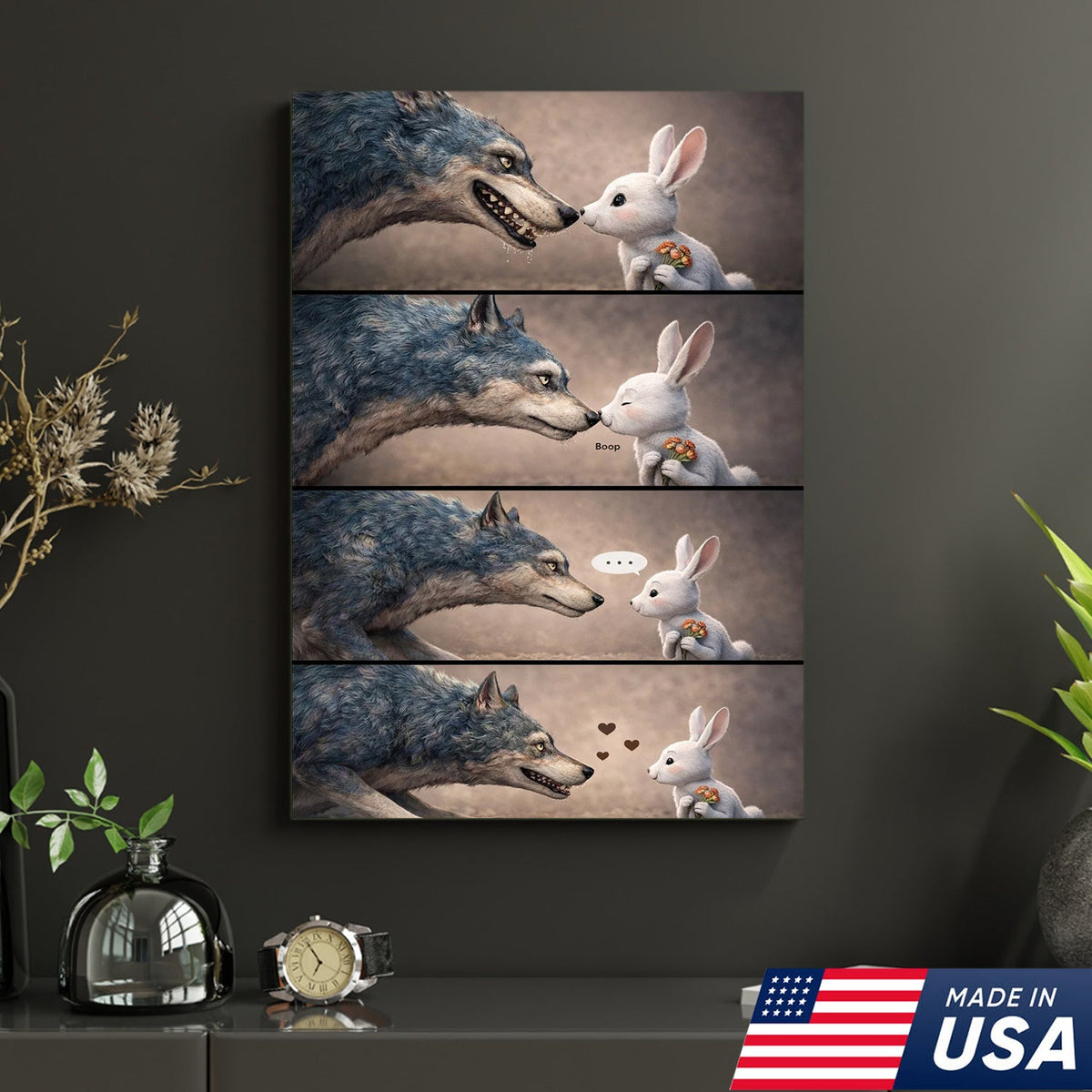 Cute Wolf and Bunny Comic Canvas Print, Whimsical Animal Love Story Wall Art Decor