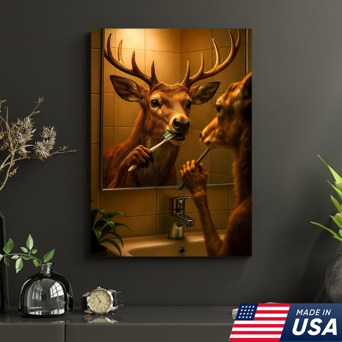 Deer Brushing Teeth Canvas – Funny Bathroom Wall Art, Cabin Decor Gift for Hunters