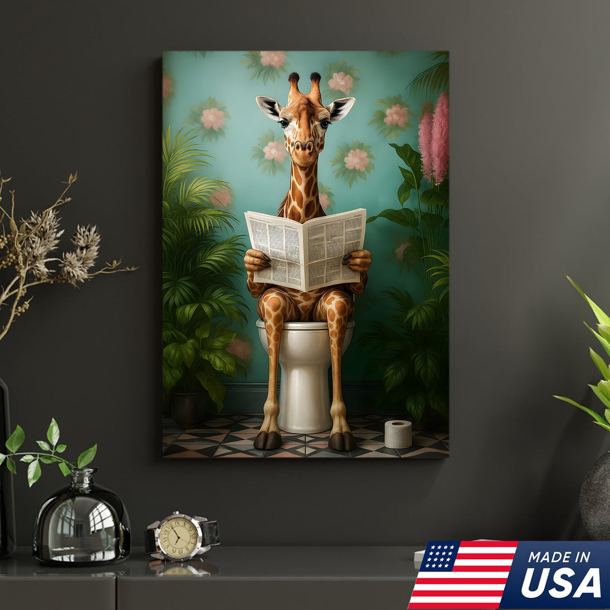 Funny Giraffe Bathroom Canvas Wall Art, Whimsical Animal Reading Newspaper Print