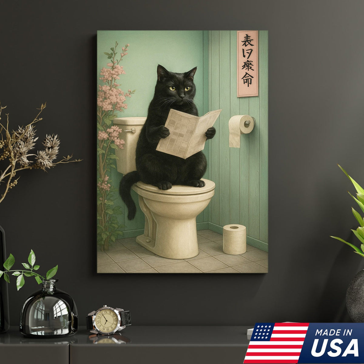 Funny Cat Bathroom Canvas Wall Art, Black Cat on Toilet Reading Newspaper