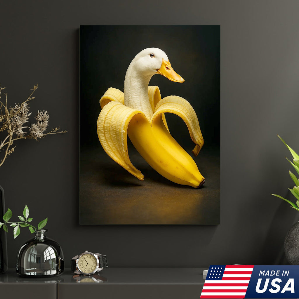 Banana Duck Canvas Wall Art, Surreal Fruit Animal Print, Funny Kitchen & Bathroom Decor