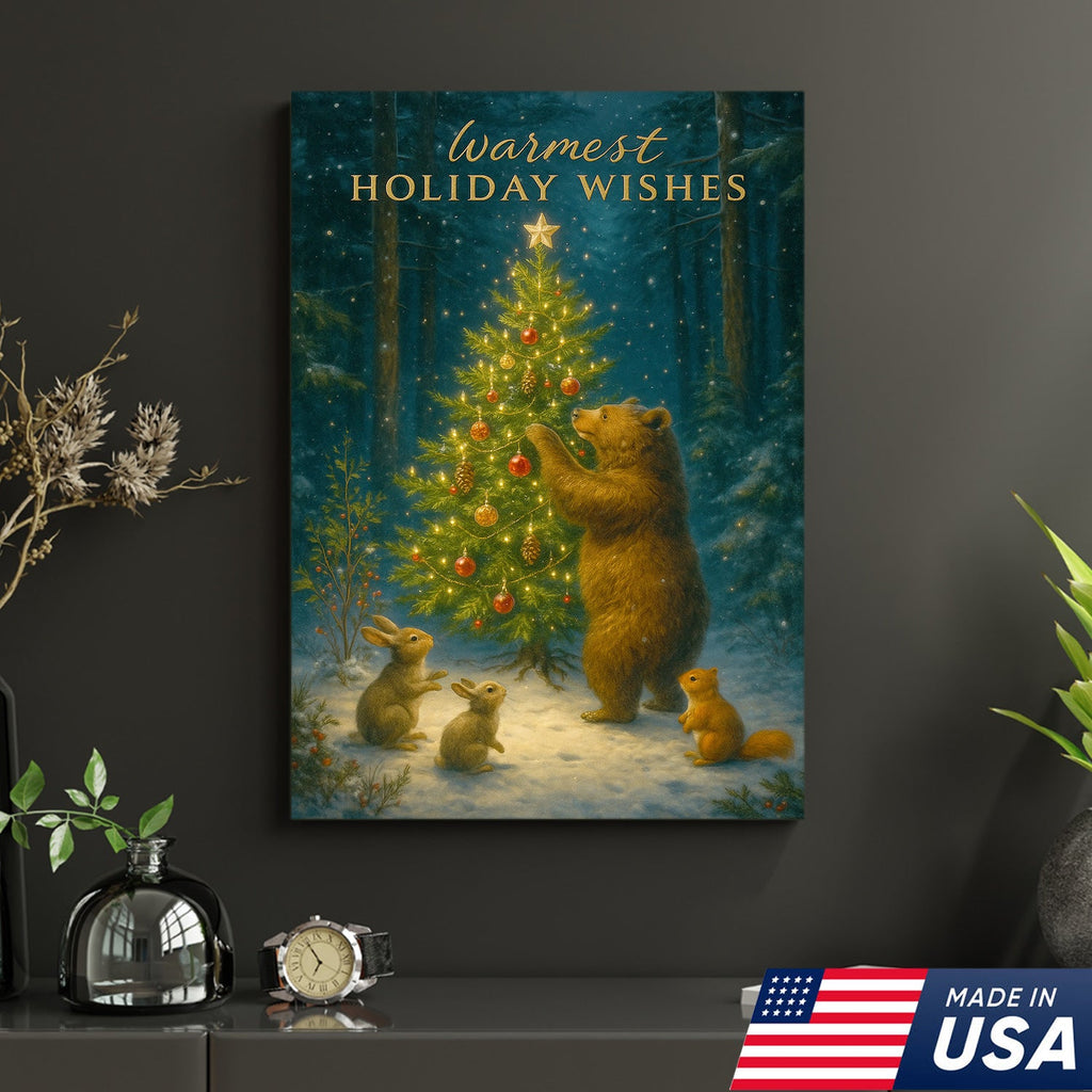 Warmest Holiday Wishes Woodland Christmas Art – Cute Bear & Forest Animals Wall Print