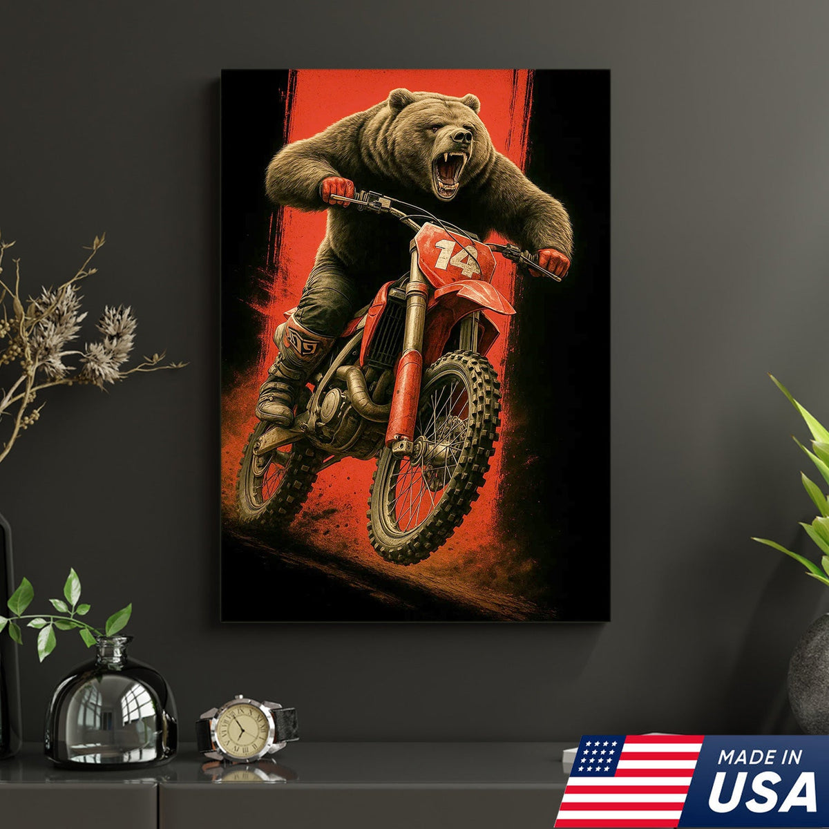 Motocross Bear Wall Art Canvas, Fierce Dirt Bike Racing Bear Print