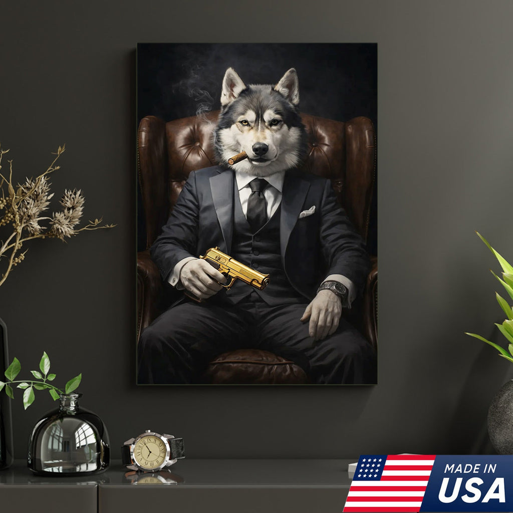 Boss Wolf Canvas Wall Art, Powerful Alpha Wolf in Suit Portrait, Luxury Animal Artwork