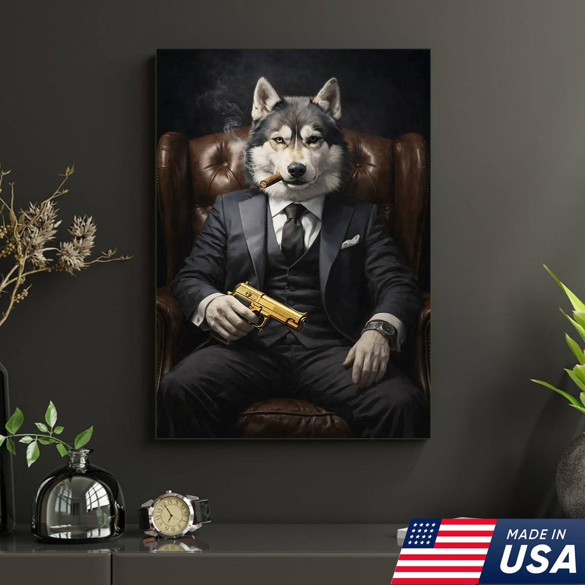 Boss Wolf Canvas Wall Art, Powerful Alpha Wolf in Suit Portrait, Luxury Animal Artwork