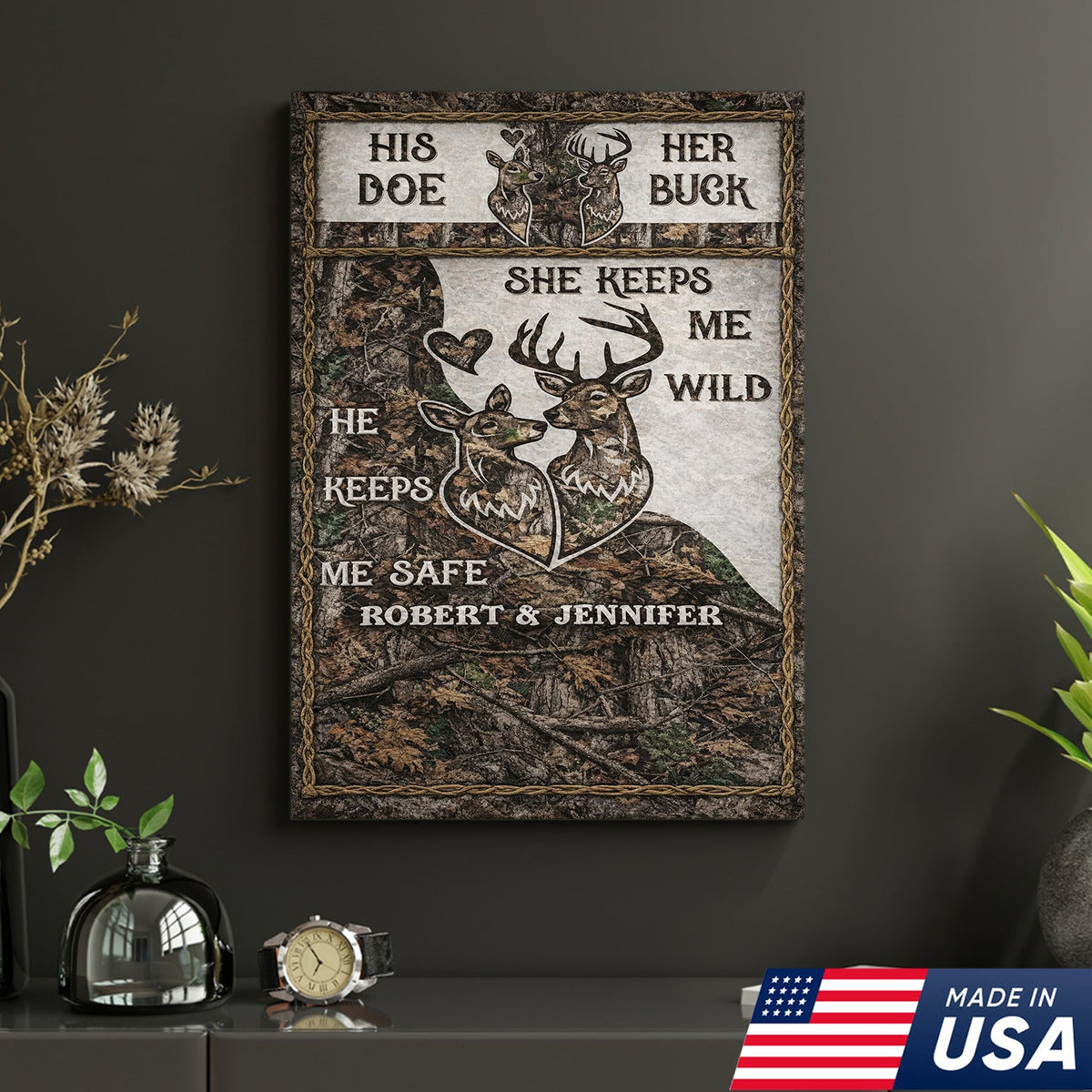 Personalized His Doe Her Buck Canvas Wall Art, Rustic Deer Couple Love Quote Artwork