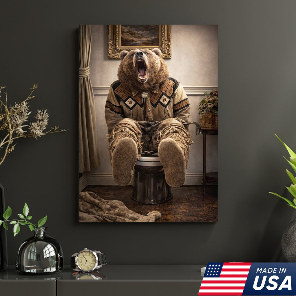 Funny Bear Bathroom Canvas Wall Art – Western Bear On Toilet