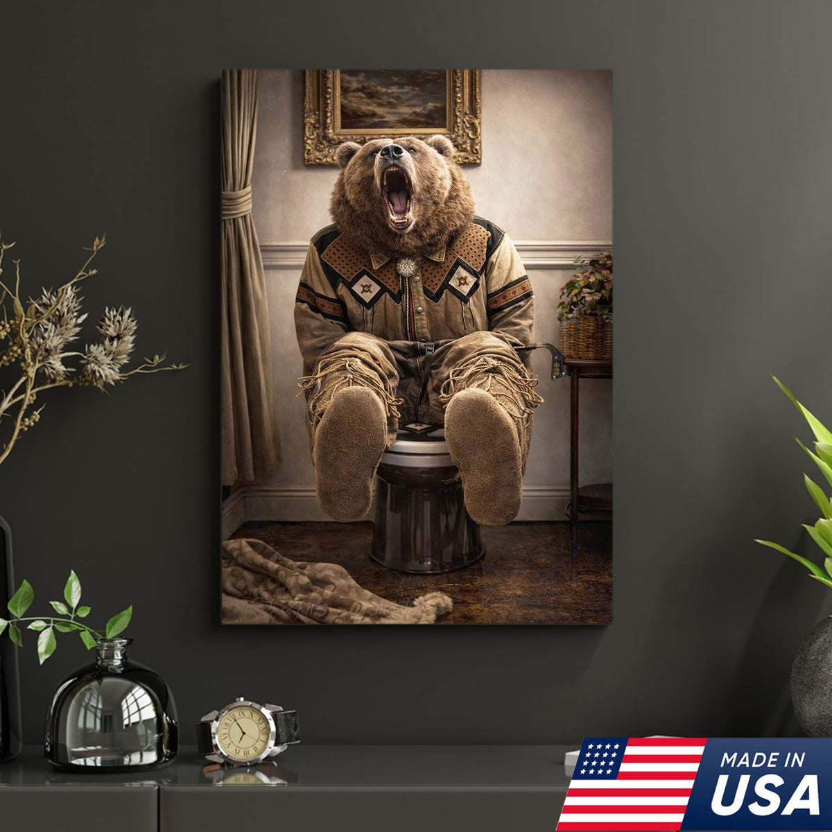 Funny Bear Bathroom Canvas Wall Art – Western Bear On Toilet