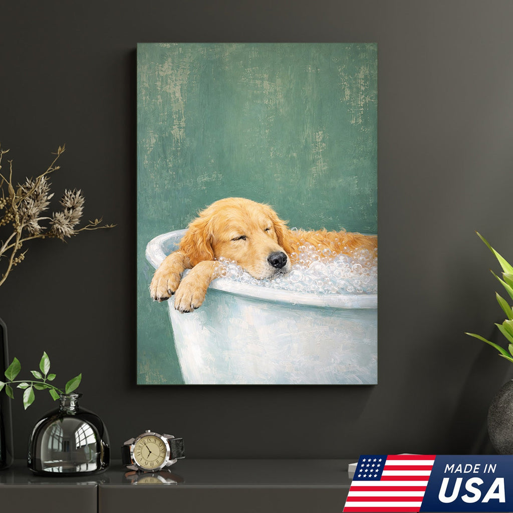 Golden Retriever Bath Canvas Wall Art, Cute Dog Bathroom Decor
