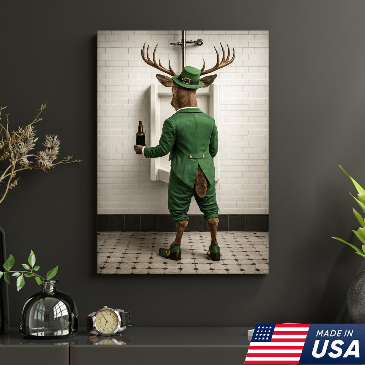 Funny Deer Canvas Wall Art, Leprechaun Buck Bathroom Humor Print