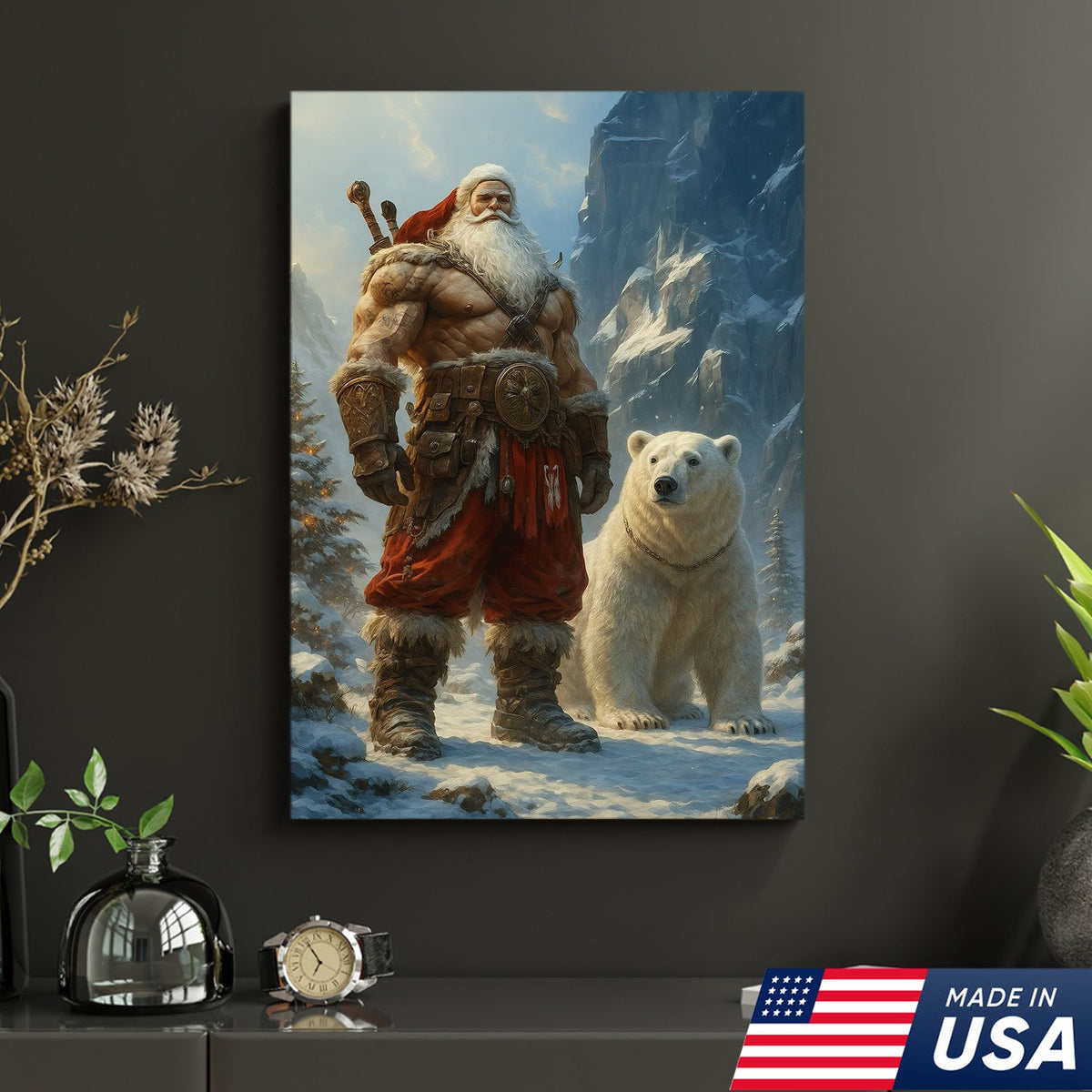 Viking Santa with Polar Bear Canvas Wall Art, Epic Christmas Warrior Decor
