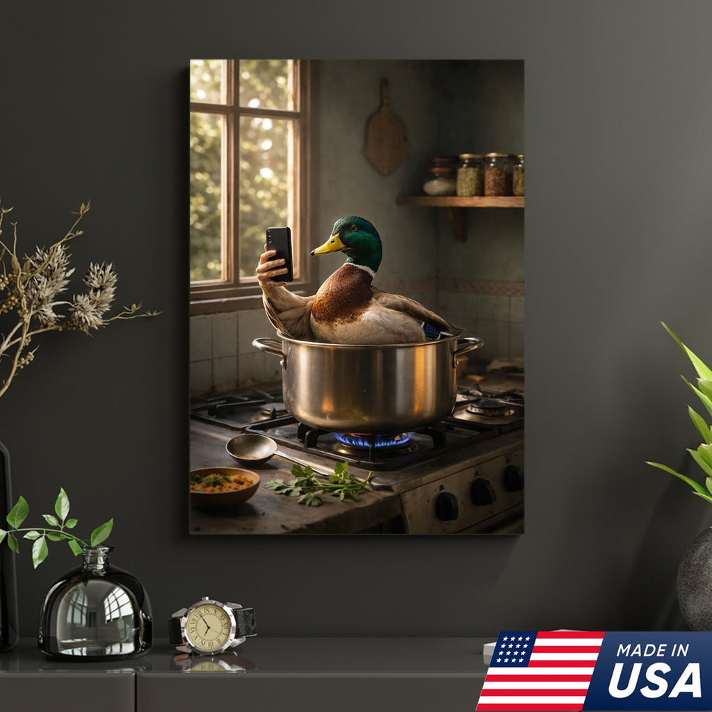 Funny Duck Cooking Selfie Canvas Wall Art, Whimsical Kitchen Animal Illustration