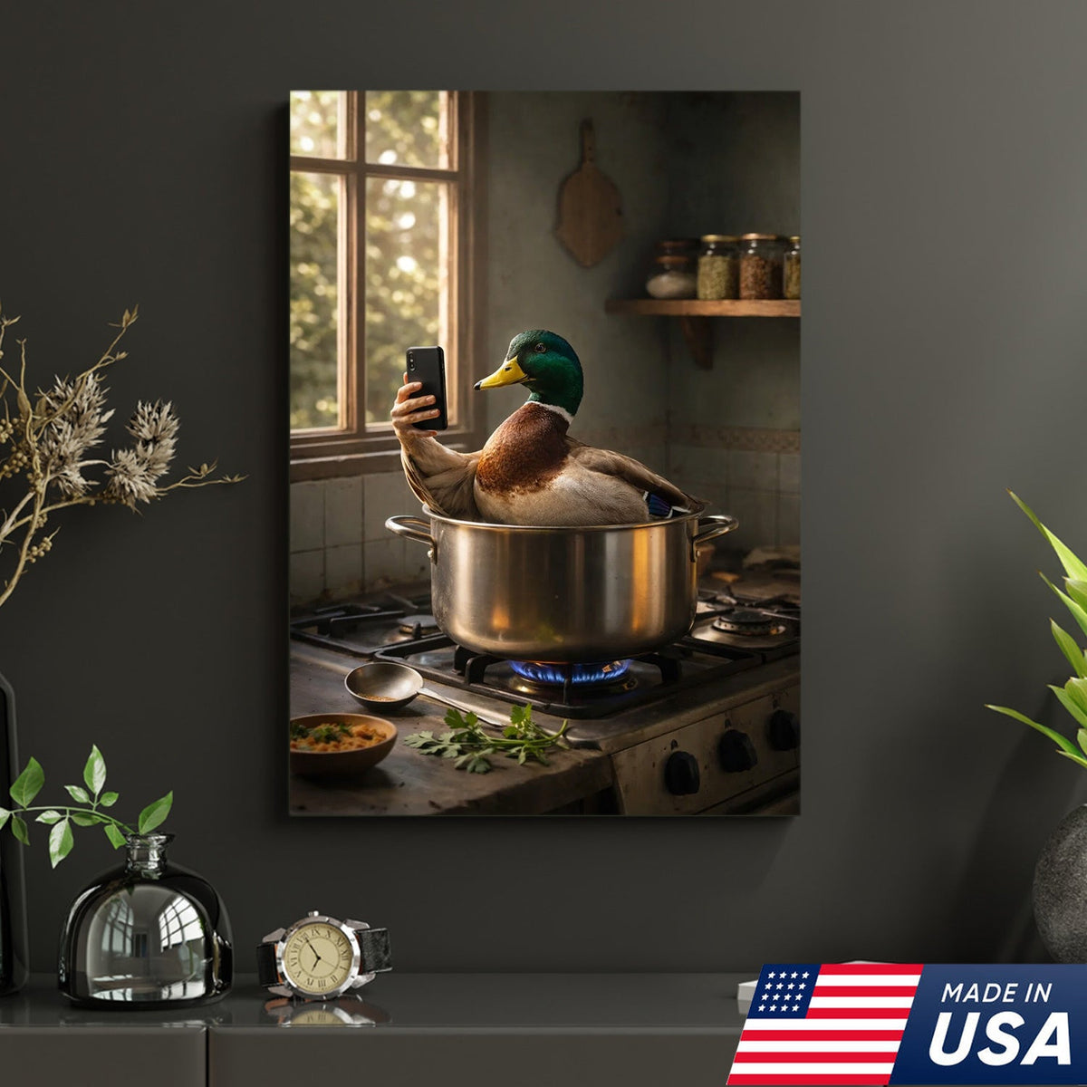 Funny Duck Cooking Selfie Canvas Wall Art, Whimsical Kitchen Animal Illustration
