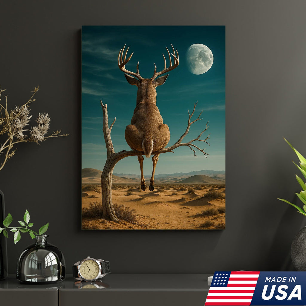 Funny Deer Moon Canvas, Whitetail Buck Sitting on Tree Wall Art, Humorous Hunter Gift