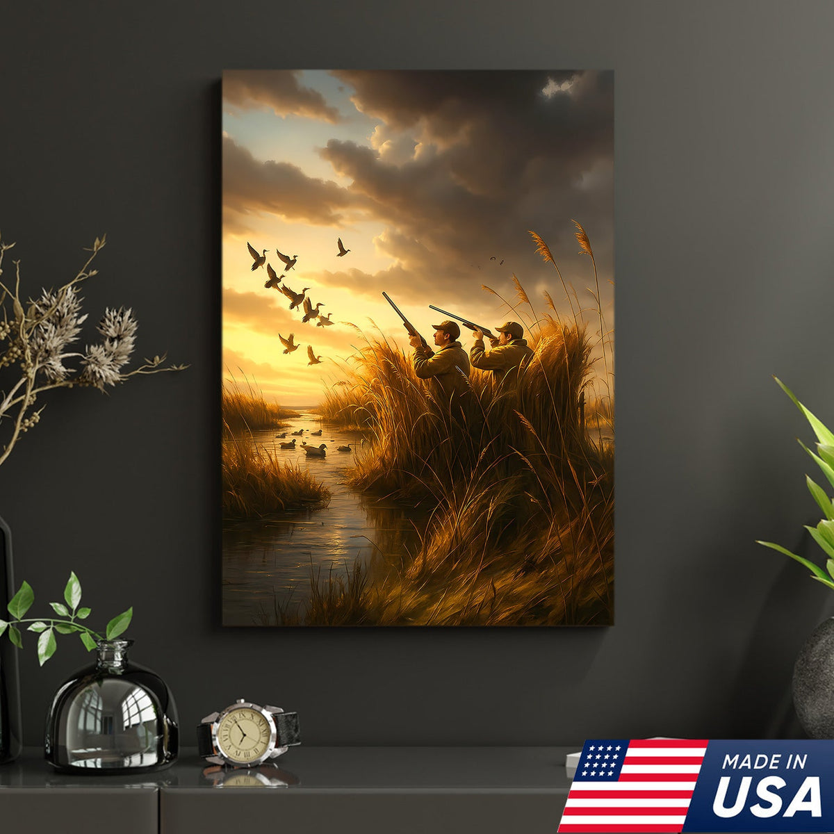Duck Hunting Sunset Canvas – Rustic Wall Art for Hunters, Cabins & Outdoor Enthusiasts