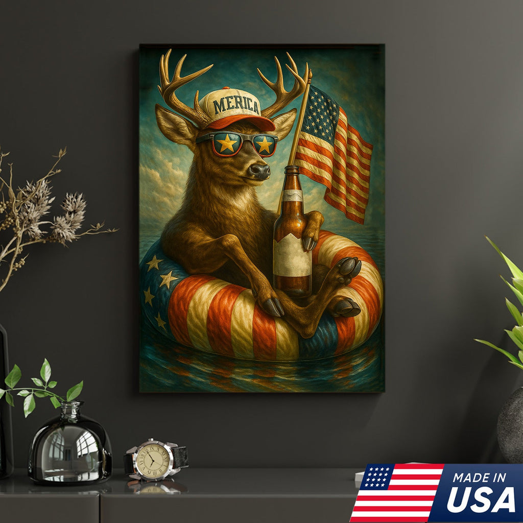 Patriotic Deer Wall Art Canvas – Funny American Flag Wall Art, Man Cave & Rustic Cabin Decor