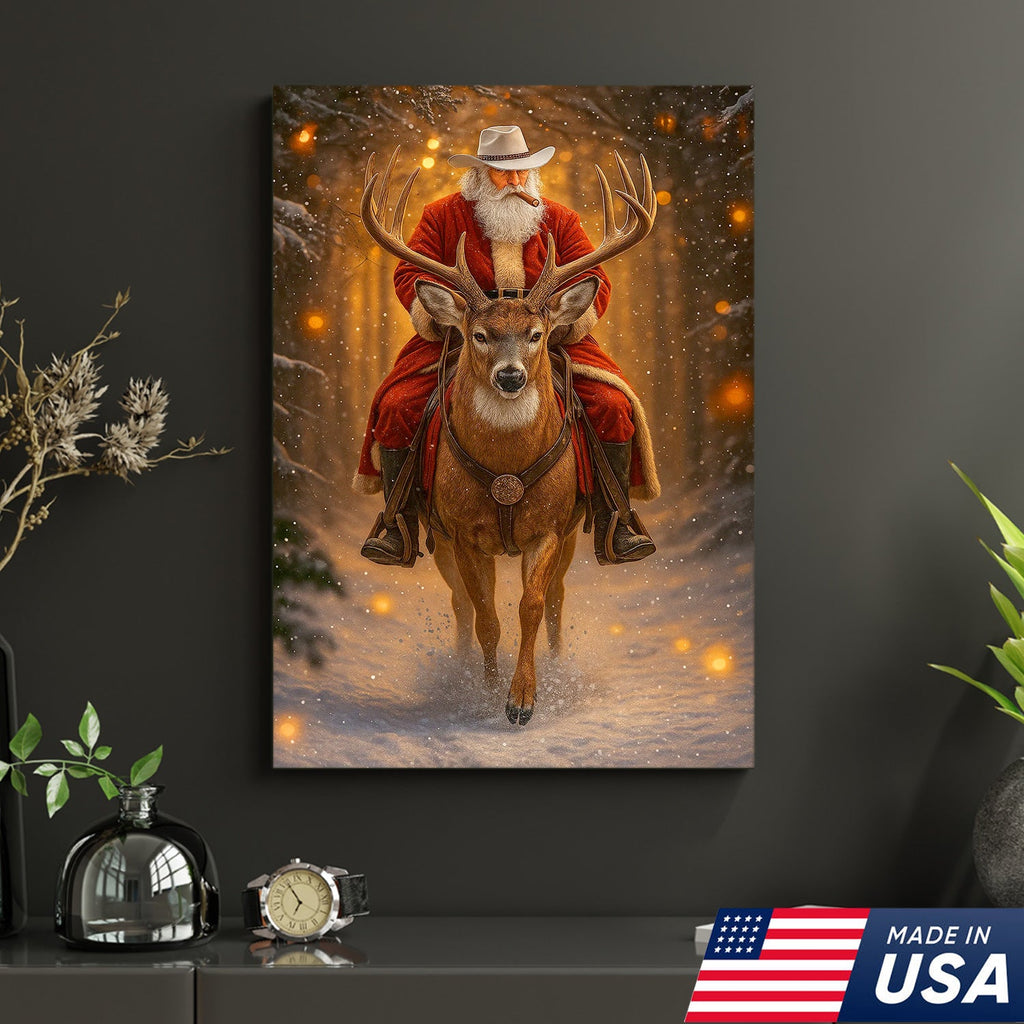 Cowboy Santa Riding Deer Canvas, Western Christmas Wall Art Decor