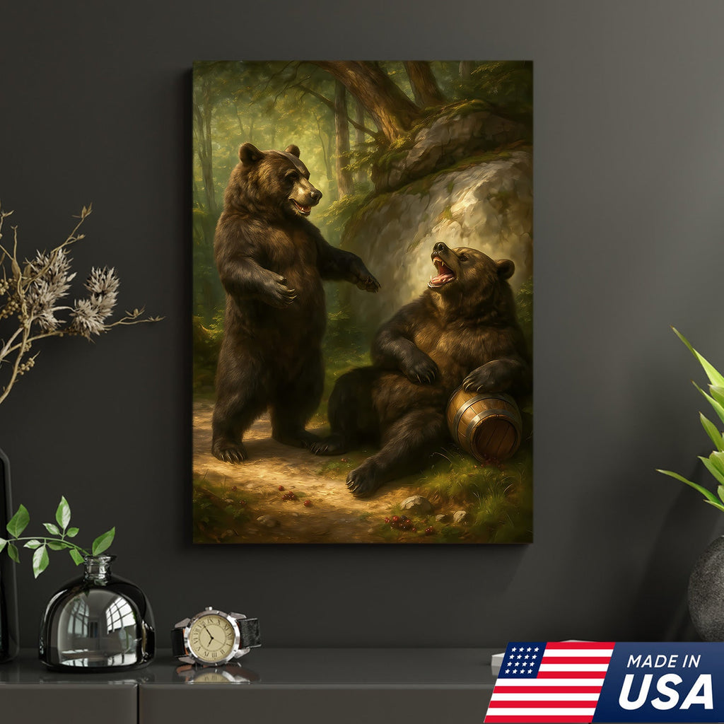 Funny Drunk Bears Canvas – Rustic Cabin Wall Art Gift for Hunters, Beer Lovers & Man Caves