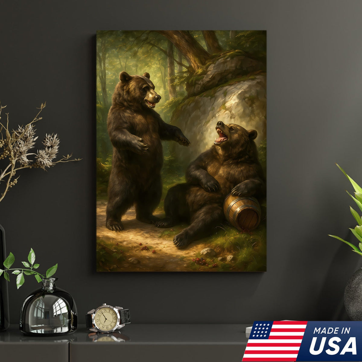 Funny Drunk Bears Canvas – Rustic Cabin Wall Art Gift for Hunters, Beer Lovers & Man Caves