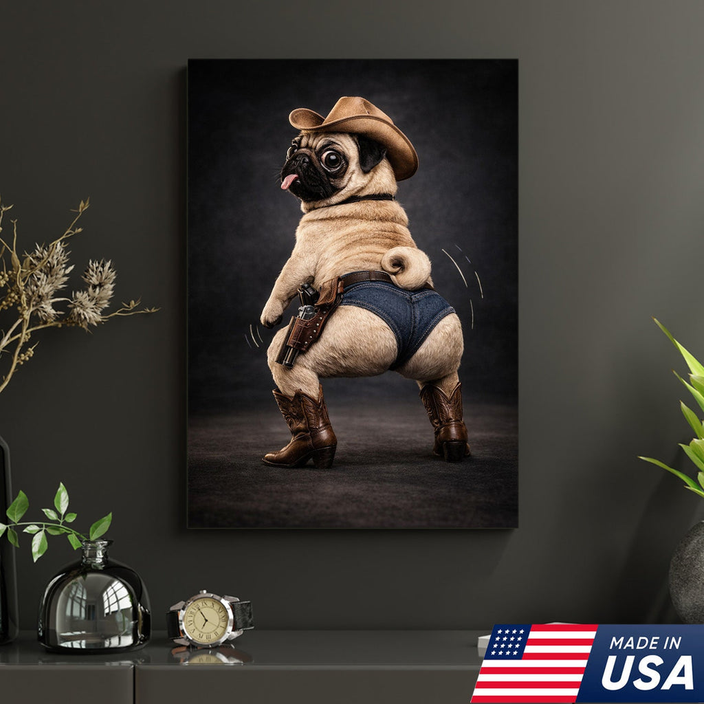 Funny Pug Canvas – Cowboy Dog Wall Art – Western Humor Decor
