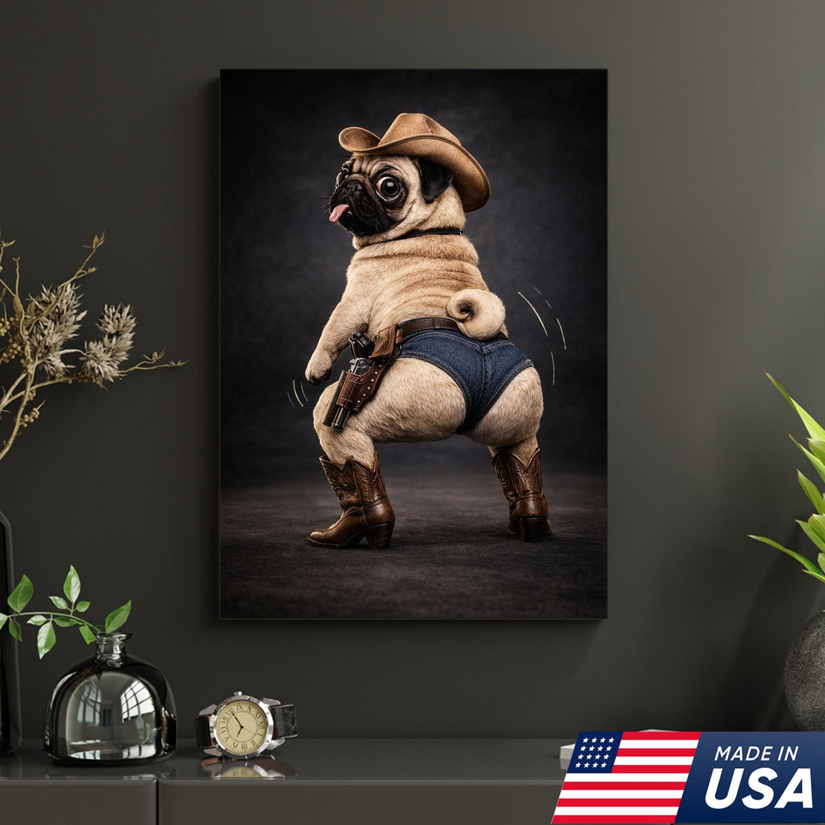 Funny Pug Canvas – Cowboy Dog Wall Art – Western Humor Decor