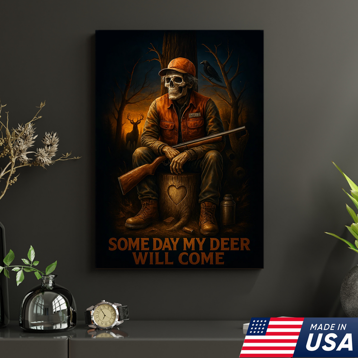 Funny Deer Hunting Canvas Wall Art – Skeleton Hunter with Rifle, Rustic Lodge Decor