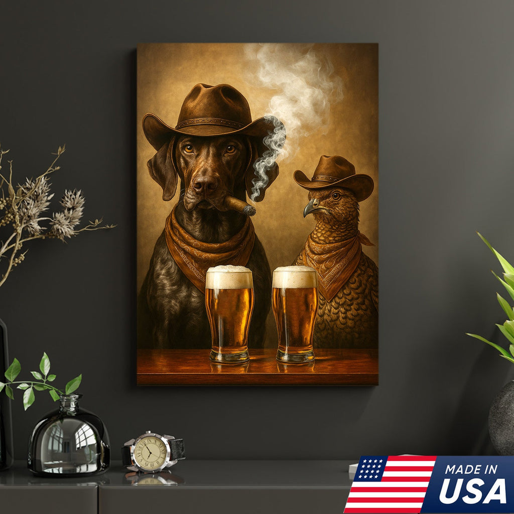 Funny Dog & Grouse Beer Canvas Wall Art – Rustic Cowboy Bar Decor Gift for Hunters & Outdoorsmen