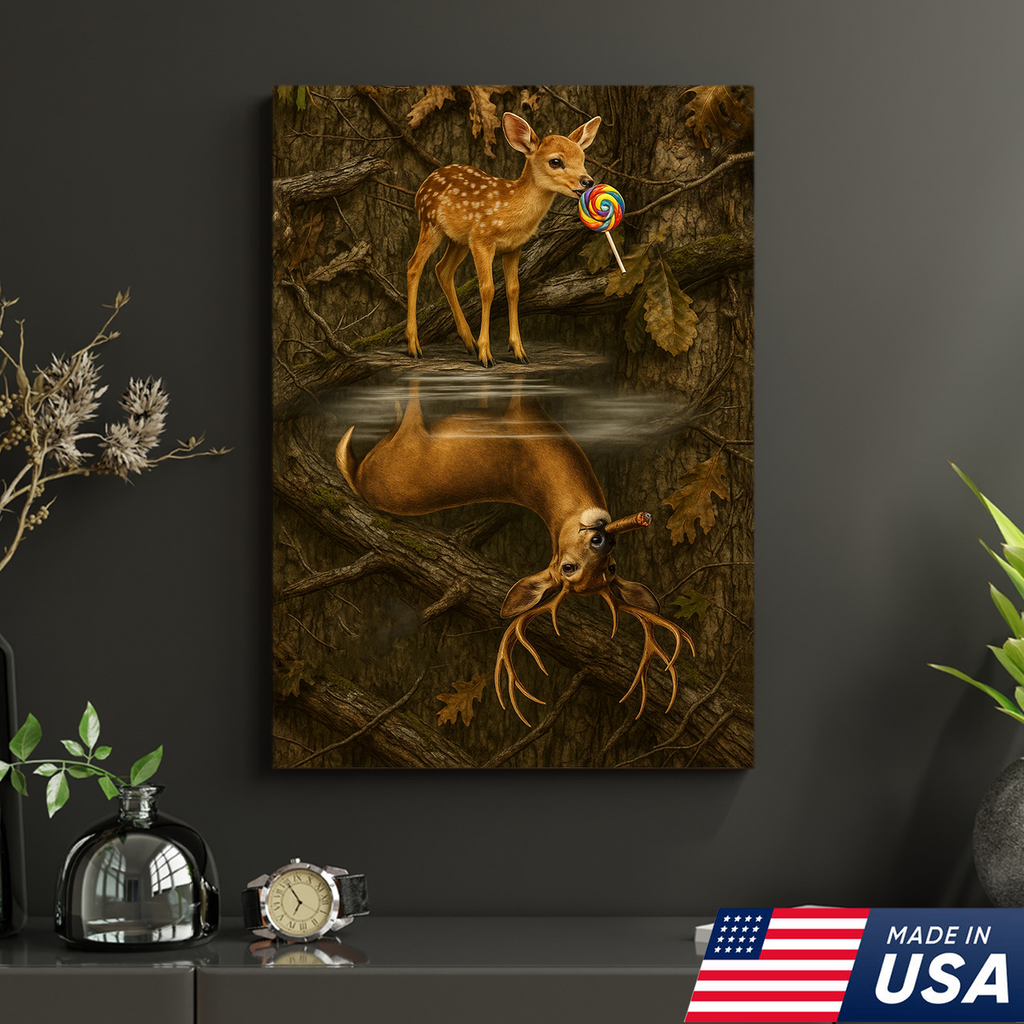 Whimsical Deer Reflection Canvas Art - Cute Fawn with Lollipop Forest Scene