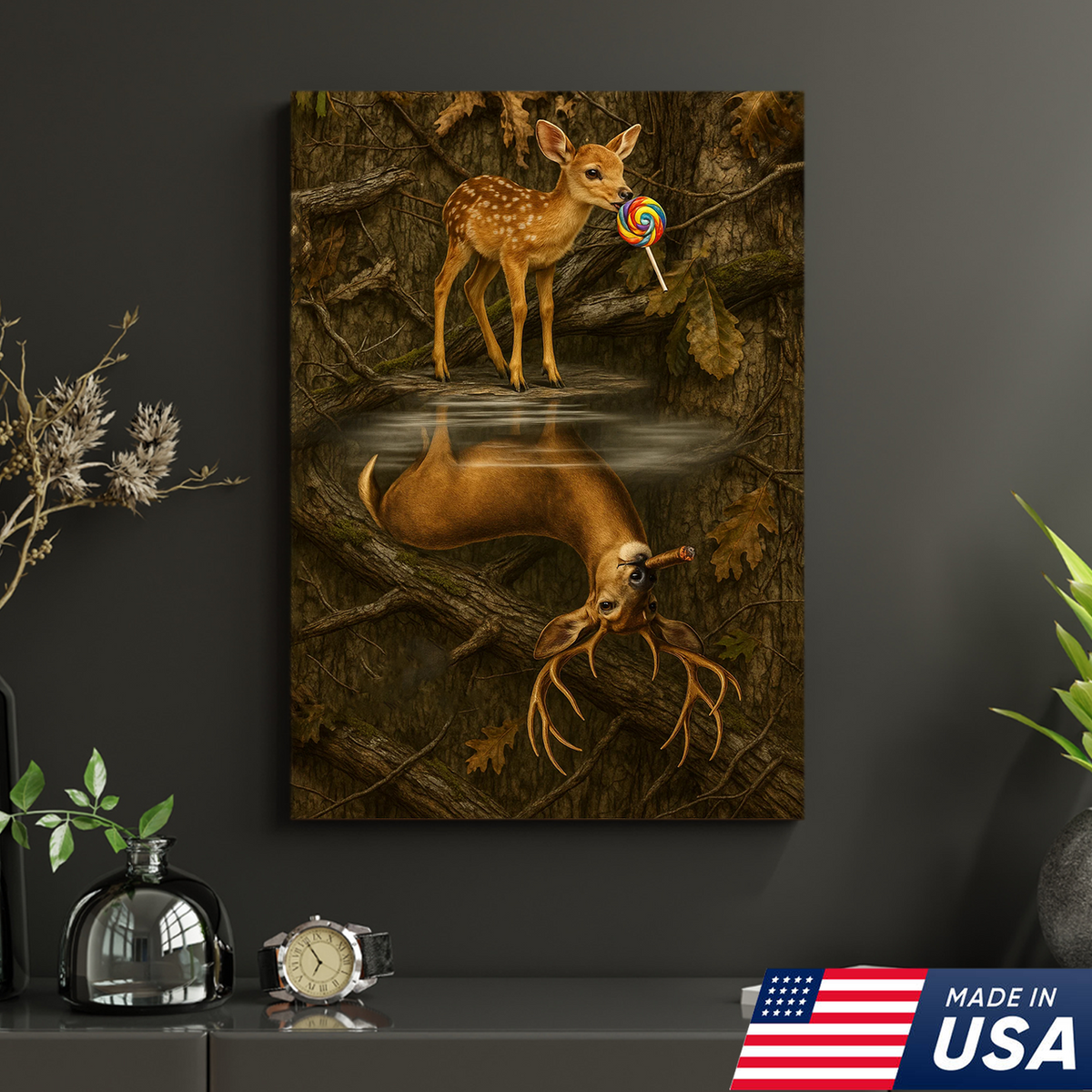 Whimsical Deer Reflection Canvas Art - Cute Fawn with Lollipop Forest Scene
