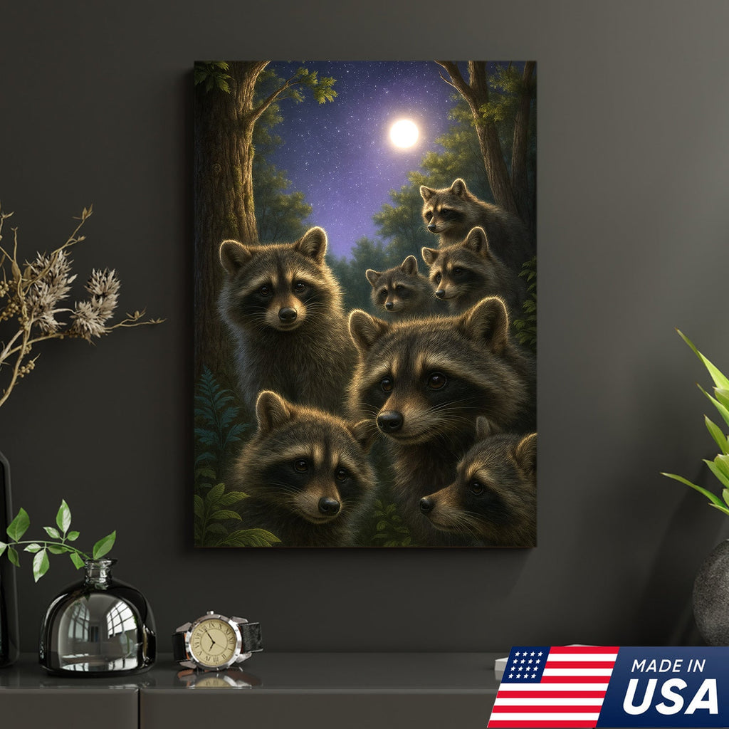 Raccoons Under Full Moon Canvas – Woodland Night Scene, Rustic Lodge Wall Art
