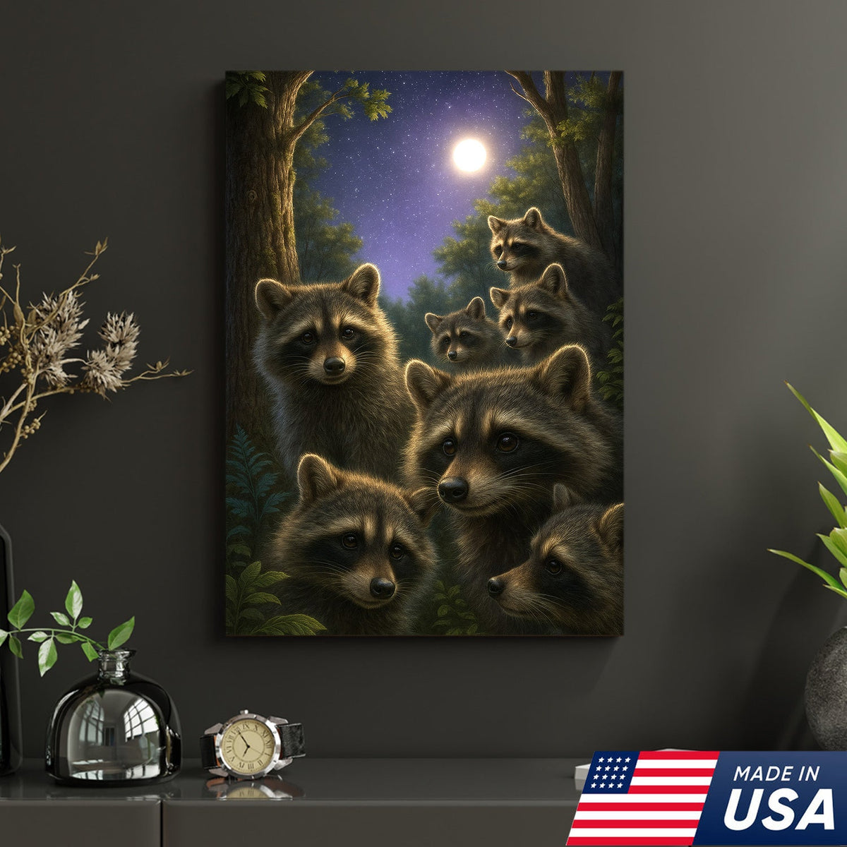Raccoons Under Full Moon Canvas – Woodland Night Scene, Rustic Lodge Wall Art
