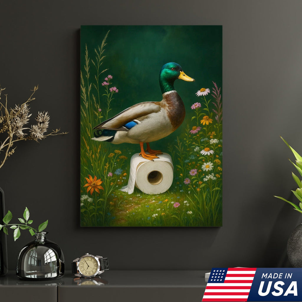 Duck on Toilet Paper Canvas Wall Art, Funny Bathroom Decor with Wildflowers