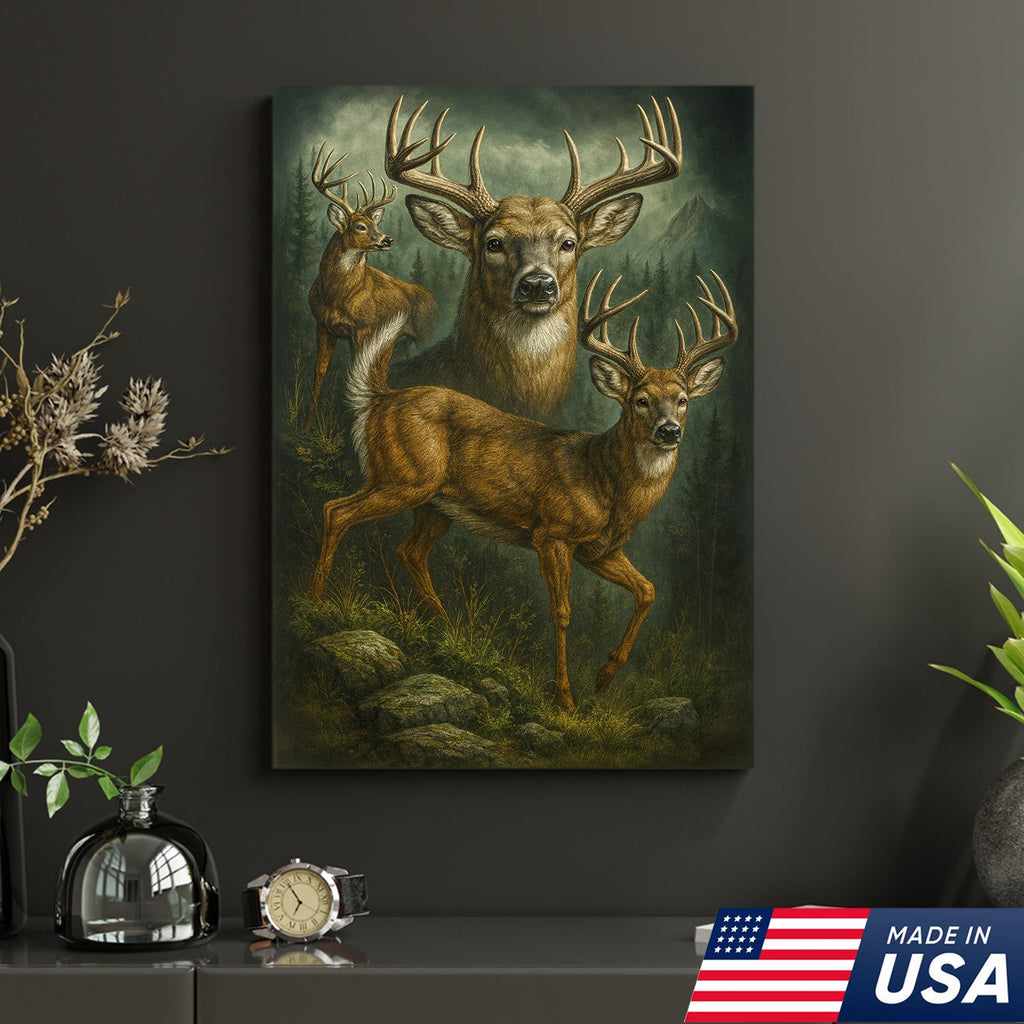 Whitetail Deer Trio Canvas Wall Art, Majestic Bucks in Forest Scene, Perfect Hunting Lodge