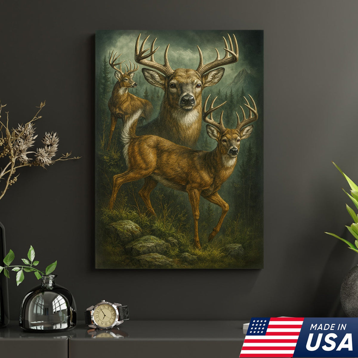 Whitetail Deer Trio Canvas Wall Art, Majestic Bucks in Forest Scene, Perfect Hunting Lodge