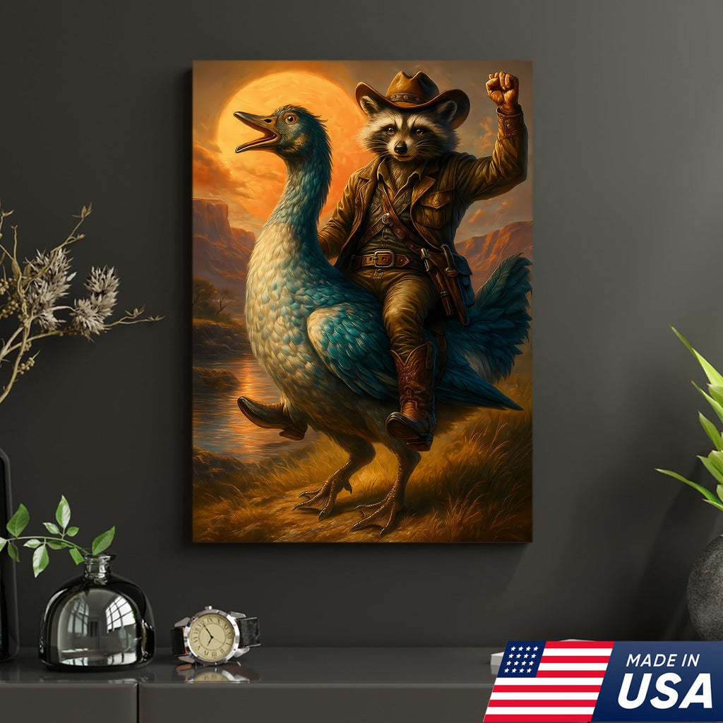 Raccoon Cowboy Riding Goose Canvas – Funny Western Wall Art for Hunters & Animal Lovers