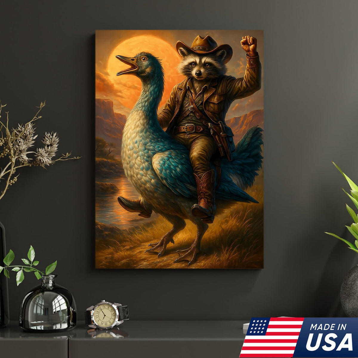 Raccoon Cowboy Riding Goose Canvas – Funny Western Wall Art for Hunters & Animal Lovers